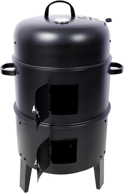17 Inch Charcoal Smoker Grill, Heavy Duty Vertical BBQ Smoker with Thermometer, Dual Access Doors, Adjustable Air Vent, Outdoor Steel Grill for Smoking & Grilling