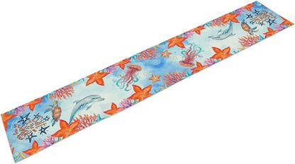 Summer Ocean Table Runner, Blue Sea Coastal Nautical Starfish Turtle Dolphin Seashell Undersea Table Runner Seasonal Holiday Home Kitchen Dining Table for Home Party Decor 13"x90"