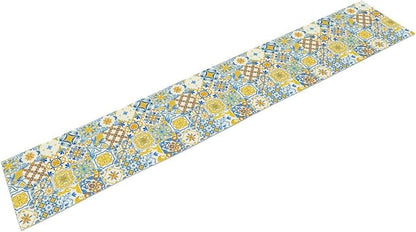 Mexican Table Runner, Blue Rustic Mexico Talavera Ceramic Dia De Los Muertos Coffee Table Center Decor for Family Home Kitchen and Dining Farmhouse Indoor Outdoor Table Decorations, 13" X 36"