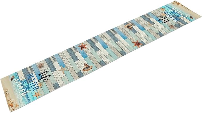 Summer Beach Table Runner, Nautical Starfish Seashell Ocean Retro Wooden Plank Coffee Table Center Decor for Home Kitchen Dining Patio Holiday Party Table Decorations 13"x36"