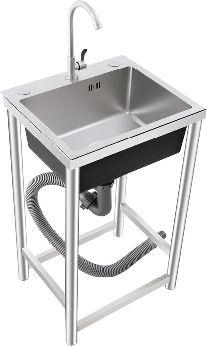 Free Standing Single Bowl Kitchen Sink Commercial, Outdoor Utility Sink Stainless Steel with Water Pipe Faucet Small Portable Sink Hand Wash Station for Garage Garden Backyard (18X16X30in)