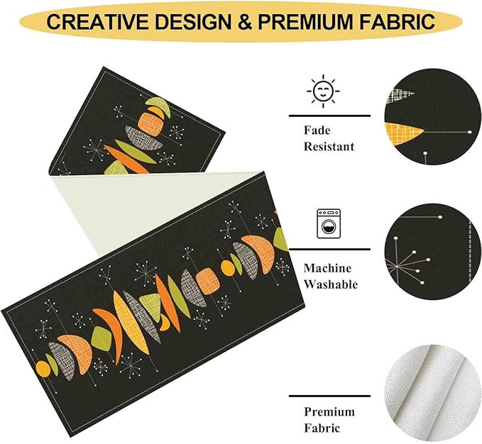 Mid Century Modern Table Runner, Retro 1950s Atomic Modern Abstract Black Orange Coffee Table Center Decor for Home Kitchen Dining Patio Holiday Party Table Decorations, 13"x108" Inch