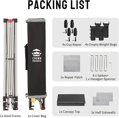 CROWN SHADES 10x10 Pop up Canopy Tent Instant Canopy with 150D Silver Coated Fabric Including 2 Half Sidewalls, 4 Ropes, 8 Stakes, 4 Weight Bags, STO 'N Go Bag, Grid Grey