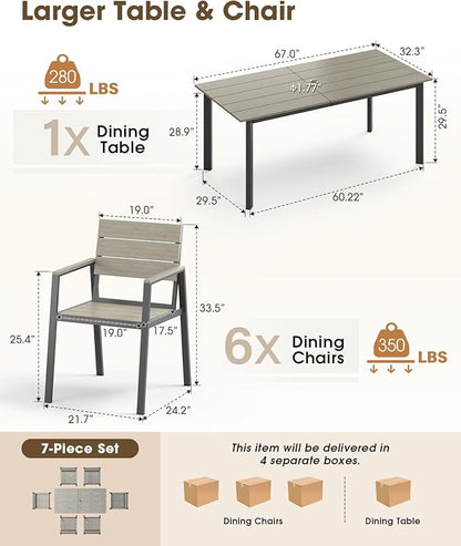 Patio Outdoor Dining Set for 6, Aluminum 7 Piece HDPS Patio Table and Chairs Set with Umbrella Hole, Modren Rectangular Patio Furniture Set with All-Weather Table and 6 Chairs (Classic Gray)