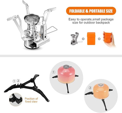 Odoland Camping Cookware Stove Carabiner Canister Stand Tripod and Stainless Steel Cup, Tank Bracket, Fork Spoon Kit for Backpacking, Outdoor Camping Hiking and Picnic