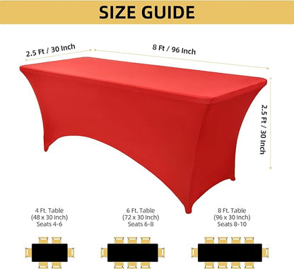 2-Pack 8ft Red Spandex Table Covers for Rectangle Folding Tables - Washable Elastic Tablecloth - Ultimate Fitted Table Protector for Birthday Parties, Trade Shows, Banquet