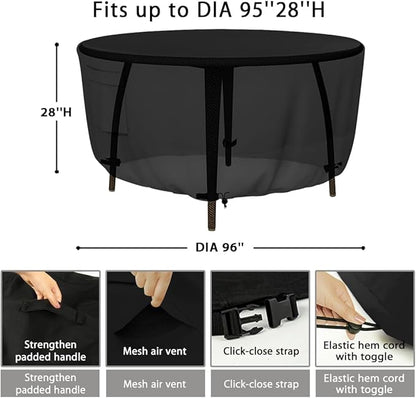 Tuyeho Heavy Duty Round Patio Table Cover (96D x 28H Inch), Waterproof & Weather Resistant, Anti UV - Black