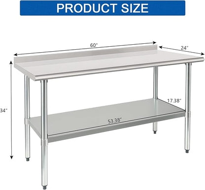 HARDURA Stainless Steel Prep & Work Table 30 x 60 Inches NSF Heavy Duty Commercial with Undershelf and Backsplash, Galvanized Legs for Commercial Food Prep