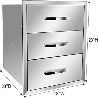 Stainless Steel Outdoor Kitchen Drawers - 3-Drawer BBQ Drawer, Built-in, Flush Mount for Outdoor Kitchens & BBQ Islands, 18Wx23Dx23H-3L