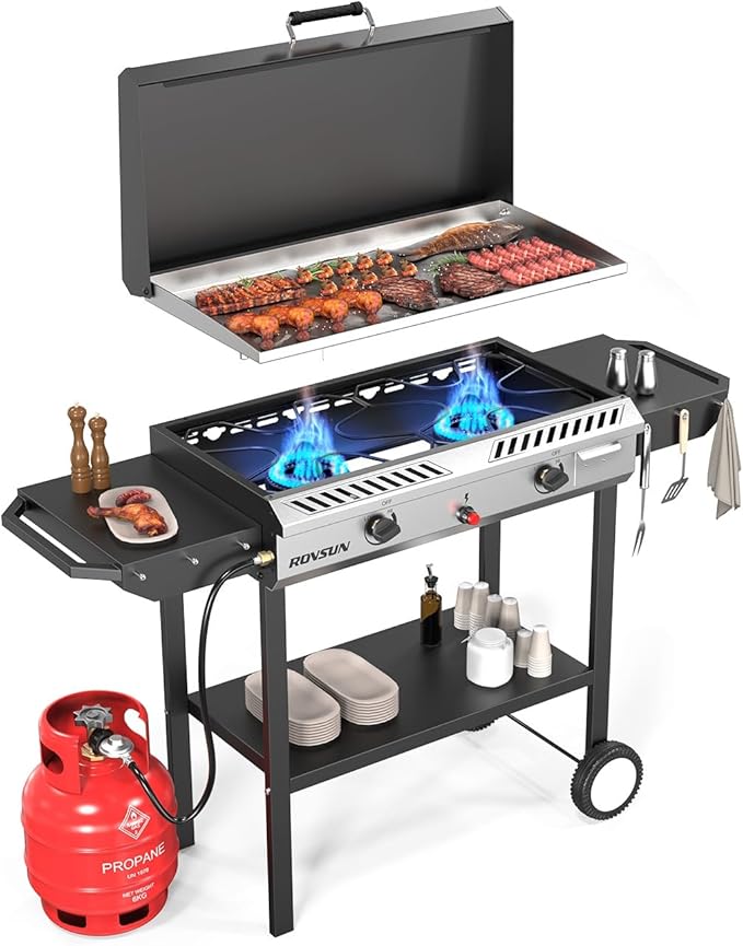 ROVSUN 2 Burner Outdoor Propane Gas Stove with Auto-ignition, Regulator & Shelf, 150,000 BTU Powerful Stand Cooker for Backyard Patio Cooking Home Brewing Canning Turkey Frying