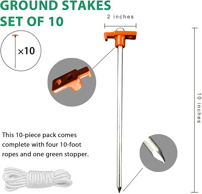 Eurmax USA Galvanized Non-Rust Camping Family Tent Pop Up Tent Stakes Canopy Anchors Heavy Duty 10pc-Pack, with 4x10ft Ropes & 1 Orange Stopper