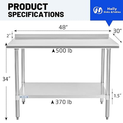 Hally Stainless Steel Table for Prep & Work 30 x 48 Inches, NSF Commercial Heavy Duty Table with Undershelf and Backsplash for Restaurant, Home and Hotel