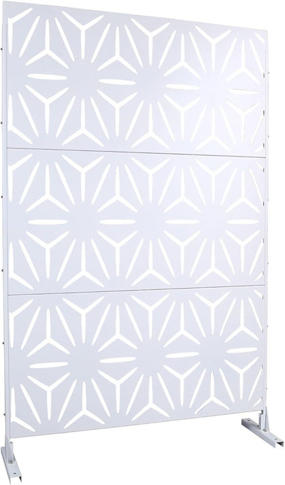 Outdoor Privacy Screen, 76" H x 48" W Decorative Metal Panel, Steel Privacy Divider with Freestanding Base, Ideal for Garden, Patio, or Balcony, White