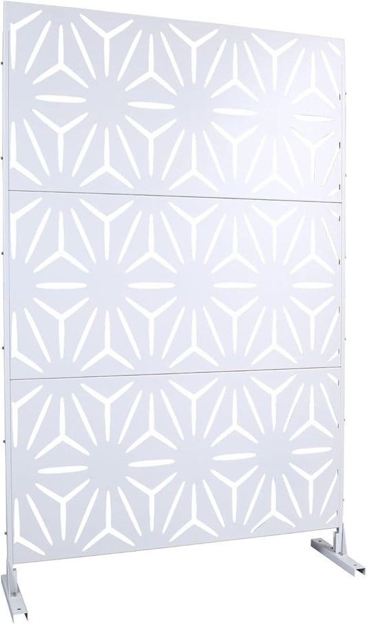 Outdoor Privacy Screen, 76" H x 48" W Decorative Metal Panel, Steel Privacy Divider with Freestanding Base, Ideal for Garden, Patio, or Balcony, White