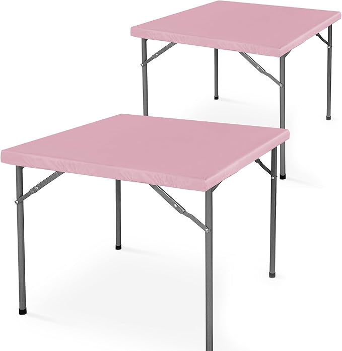 LUSHVIDA 2 Packs Vinyl Card Tablecloth with Flannel Backing 34x34 inch - Waterproof Plastic Picnic Table Cover for Square Folding Table Cloth with Elastic Corners, Pink