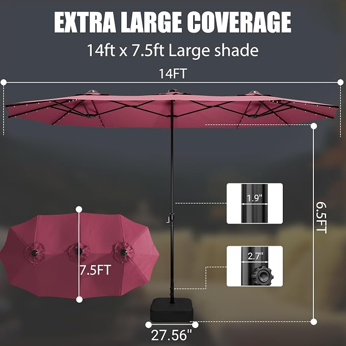 15FT Large Patio Umbrella with Base & Solar LED Lights - Image 3