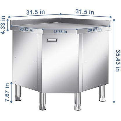 KINGBO Stainless Steel Corner Cabinet Heavy Duty Prep Table with 304 Stainless Steel Worktop Commercial Worktable Workbench with Storage Cabinet for Kitchen Garage Restaurant Outdoor