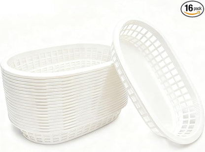 Fast Food Baskets 16-Pack, 10 x 6 Inch Plastic Oval Serving Baskets for Burgers,Bread, Fries & Sandwiches, Restaurant Diner Cafeteria Food Truck Party Use, Reusable&Stackable(White)