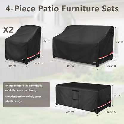 Rileytee Patio Furniture Set Covers,4 Pcs 600D Heavy Duty 100% Waterproof Outdoor Furniture Cover,Fit Patio Loveseat, Chair and Coffee Table (Black)