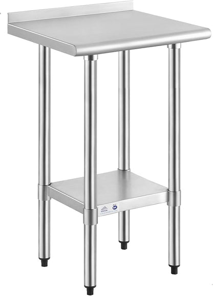 ROCKPOINT Stainless Steel Table for Prep & Work with Backsplash 18x24 Inches, NSF Metal Commercial Kitchen Heavy Duty Table with Adjustable Under Shelf and Table Foot for Restaurant, Home and Hotel