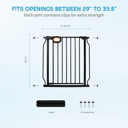 Baby Safety Gate for Stairs 29-33 Inch Wide, Safety House Gate for Baby Pet Gate with Door Pressure Mounting Gates for Kids Toddler Dogs Indoor Stairway Doorway Black (30.5'' Tall)