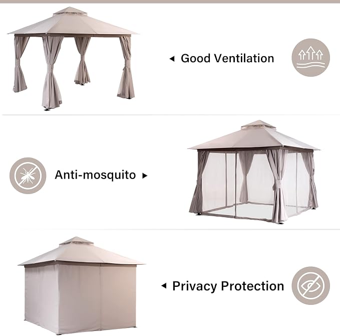 10'x10' Outdoor Gazebo with 50FT String Lights, Metal Heavy Duty Patio Canopy - Image 3