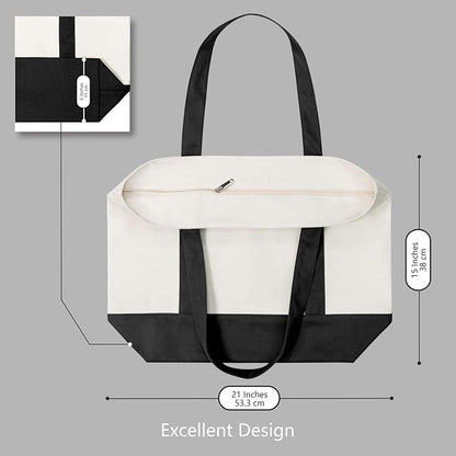 TOPDesign 3-Pack Canvas Tote Bags with an External Pocket, Reusable Grocery Shopping Bags, Top Zipper Closure, Daily Essentials (Black/Natural)