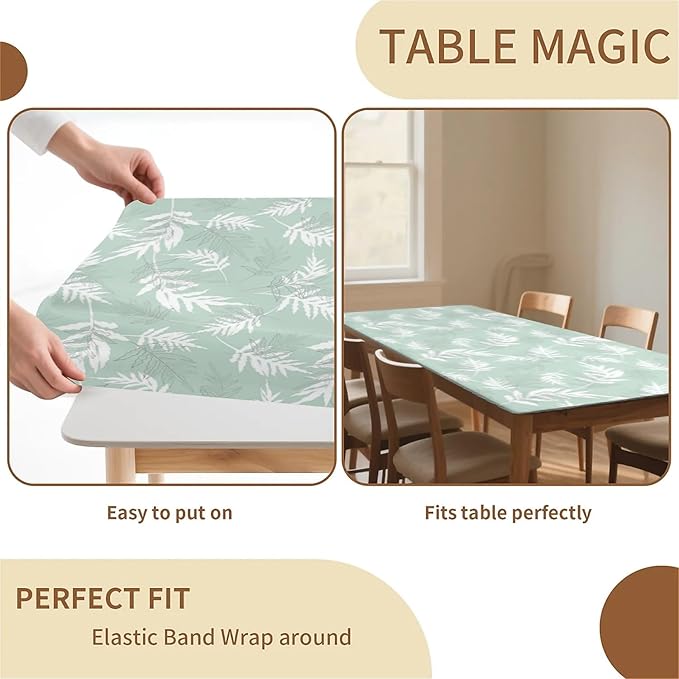 Rectangle Table Cloth Cover Waterproof Elastic Fitted Polyester Fitted Tablecloths for 8 Foot Tables for Indoor,Picnic, Camping, Outdoor （96" x 30"，Palm Leaf）