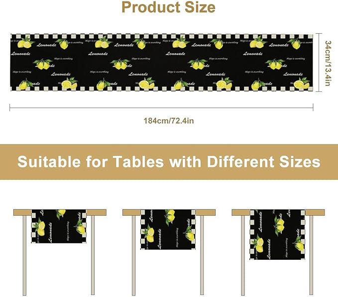 Lemon Table Runner,White Black Buffalo Plaid Watercolor Summer Fruit Print Table Runner for Kitchen Dining Table Indoor Outdoor Home Party Decor 13x36in