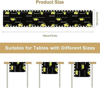 Lemon Table Runner,White Black Buffalo Plaid Watercolor Summer Fruit Print Table Runner for Kitchen Dining Table Indoor Outdoor Home Party Decor 13x108in