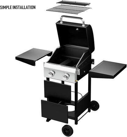 ROVSUN 2-Burner Propane Gas BBQ Grill with Foldable Side Tables & Enameled Cast Iron Grates, 24,000 BTU Barbecue Grill with Portable Wheels for Outdoor Patio Backyard Cooking Grilling, Black