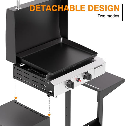 2 Burner BBQ Gas Griddle with Hood, 17.3 Inch Stainless Steel Portable Detachable Propane Griddle, 30,000 BTU Flat Top Barbecue Grill with Side Shelves for Camping