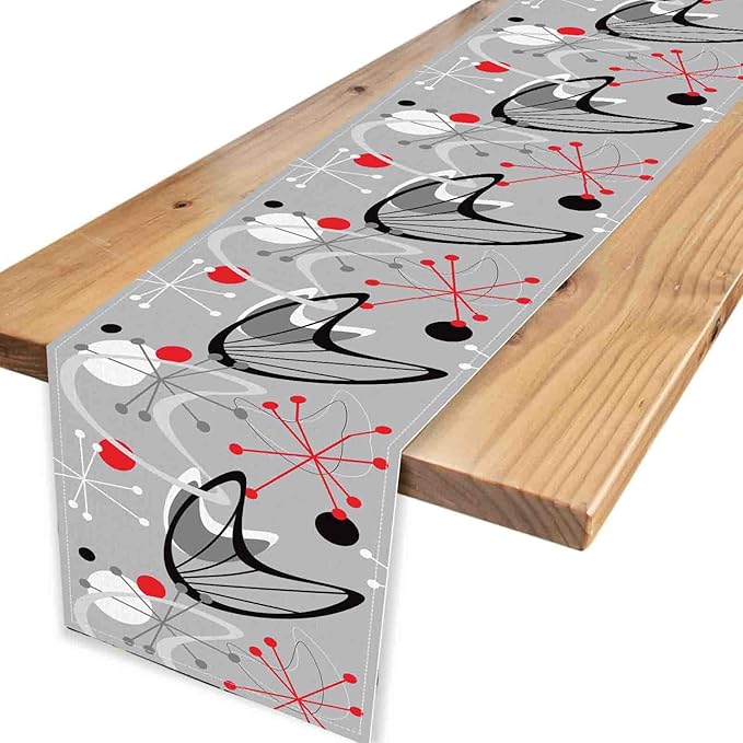 Mid Century Table Runner, Retro 1950s Atomic Minimalist Modern Abstract Geometric Gray Coffee Table Center Decor for Home Kitchen Dining Patio Holiday Party Table Decorations, 13"x36" Inch