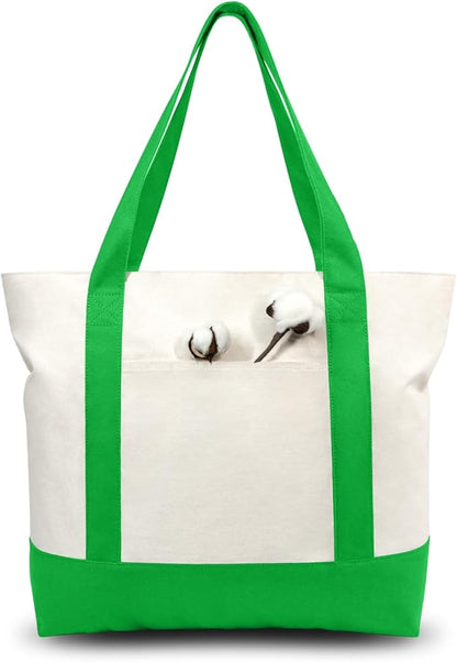 TOPDesign 3-Pack Canvas Tote Bags with an External Pocket, Reusable Grocery Shopping Bags, Top Zipper Closure, Daily Essentials (Lime Green/Natural)