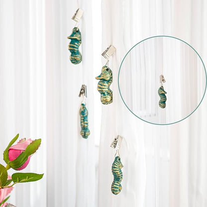 Sungmor Cast Iron Tablecloth Weights - 4 Pack Vintage Green Sea Horse Table Cloth Weights Clip On - Heavy Weights for Picnic Tablecloth, Outdoor Tables, Garden Flags, Curtains