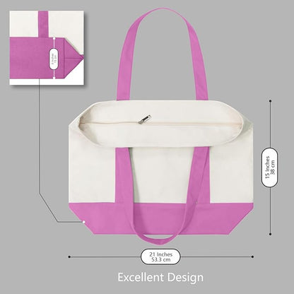 TOPDesign 6-Pack Canvas Tote Bags with an External Pocket, Reusable Grocery Shopping Bags, Top Zipper Closure, Daily Essentials (Light Purple/Natural)