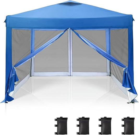PHI VILLA 10 x 10 Pop Up Canopy Tent with Netting, Instant Gazebo, Ez up Screen House Room with Carry Bag, Height Adjustable, for Outdoor, Garden, Patio,Blue
