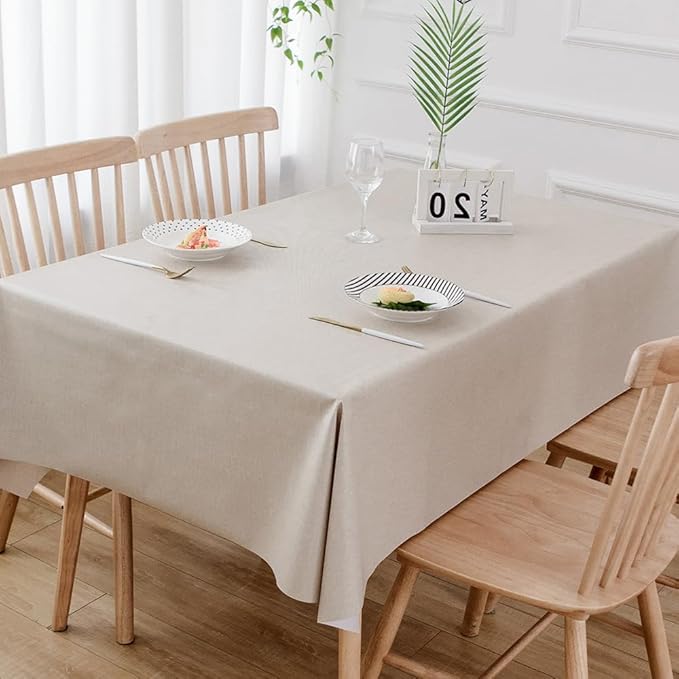 TruDelve Plastic Table Cloths for 6 Foot Rectangle Tables Beige Vinyl Tablecloths Rectangular Wipeable Waterproof Oilcloth Tablecloth (54'' x 108'', Pure Beige)