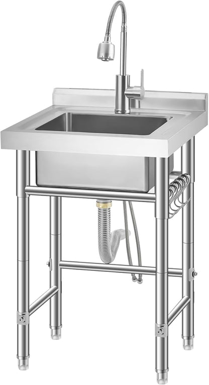 Stainless Steel Utility Sink, Free Standing Single Bowl Kitchen Sink, Adjustable Leg Height, with Faucet, Hot and Cold Water Pipes, Commercial Laundry Tub, Hook for Indoor Outdoor Farmhouse Use