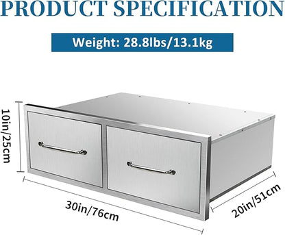 Outdoor Kitchen Drawers 30"Wx10"Hx20"D Flush Mount Access Horizontal 2-Drawer BBQ Stainless Steel Drawers with Handle for Outdoor Kitchen Island or Grill Station