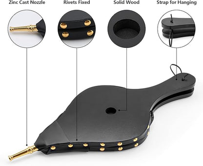 Bellows for Fire Pit Wood Stove Camping, 19"x 8" Fireplace Blower with Hanging Strap, Cast Nozzle Fireplace Bellows Outdoor and Indoor (Black)