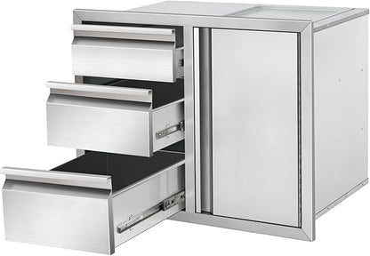 Outdoor Kitchen Drawer Combo, Stainless Steel Triple Drawers with Access Door, 28" W x 22" H x 19.5" D Outdoor Kitchen Cabinet for BBQ Island Grill Stations