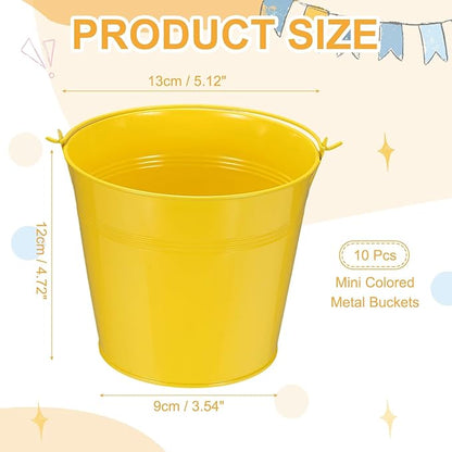 Small Metal Buckets, Mini Buckets with Handle Galvanized Colored Tin Pail Containers Basket Party Supplies - Fit for (Halloween - Classroom Crafts) 5" & 10Pcs & Yellow