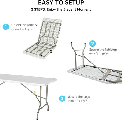 10 Pack of 6 Foot Foldable Table with Built in Handle & Steel Legs ,Heavy Duty Portable ,Perfect for Party, Dining, Wedding, Events, Picnic Indoor, Outdoor, Camping, Utility, Folding(white-10pac)