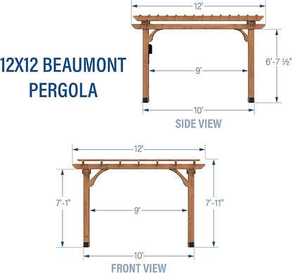 Backyard Discovery Beaumont 12' x 12' Traditional Cedar Wood Pergola Kit with Trellis Roof, All-Season Durability, High-Wind Rating, PowerPort, Shade for Outdoor Patio, Deck, Garden, and Entertaining