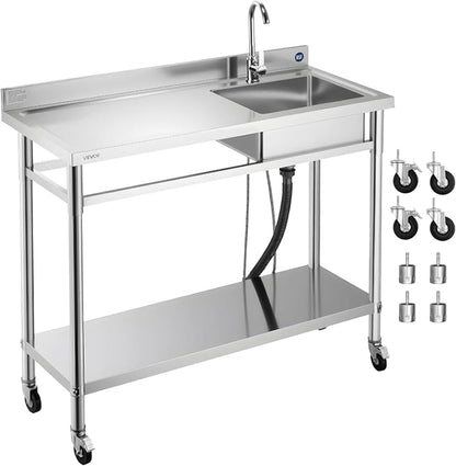 VEVOR Stainless Steel Utility Sink, Rolling Single Bowl Commercial Kitchen Sink with Wheels,Faucet and Hot & Cold Water Pipe,Utility Basin Workbench for Garage Restaurant Laundry 47.2 x 19.7 x 41.5 in