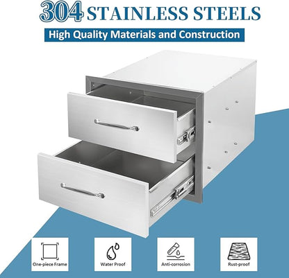 Outdoor Kitchen Drawers 18"Wx15"Hx23"D Flush Mount Access 2-Drawer BBQ Stainless Steel Drawers with Handle for Outdoor Kitchen Island or Grill Station