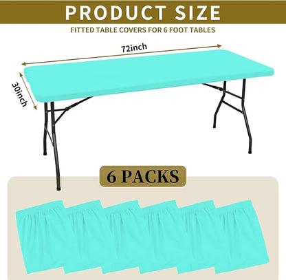6 Pack Fitted Tablecloth for 6 Foot Rectangle Tables, Aqua Blue Elastic Outdoor Picnic Table Cover, Washable Stretch Folding Table Cloths 6 ft for Camping Party Patio Kitchen Banquet, 30" W x 72" L