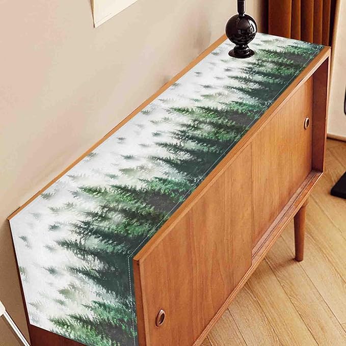 Green Forest Table Runner, Rustic Farmhouse Green Pine Tree Woodland Seasonal Mountain Country Coffee Table Center Decor for Home Kitchen Dining Patio Holiday Party Table Decorations, 13"x90" Inch
