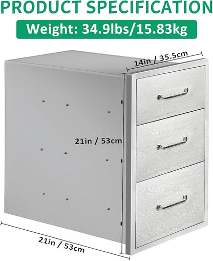 Outdoor Kitchen Drawers 14" W x 21" H x 21" D Stainless Steel Triple Drawers with Ergonomic Handle for BBQ Island, Patio Grill Station & Outdoor Kitchen Cabinets